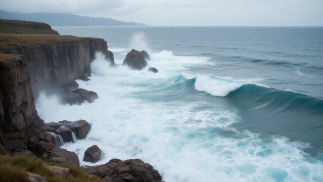 Rugged coastline cliffs are battered by powerful waves in Iceland