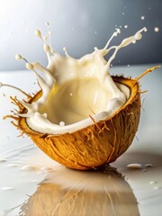 Coconut milk splashes on gray background