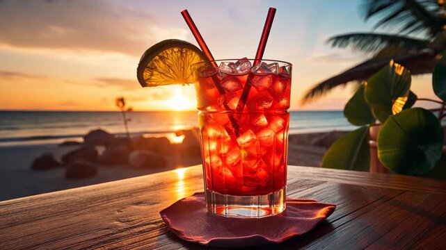 Tropical Elixir: A vibrant cocktail glass rests serenely on a wooden surface, set against the backdrop of a captivating seaside sunset, a perfect blend of refreshment and serenity.