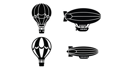 Black and white illustration of hot air balloons and airships © mst