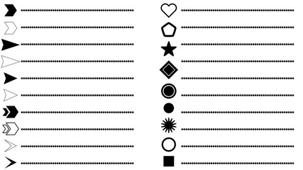 A collection of black and white bullet point markers and decorative line dividers with various shapes.
