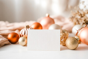 Horizontal Christmas Card Mockup Rose Gold & Gold Baubles | Elegant Holiday Invitation Flat Lay Template