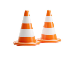 Two traffic cones, orange with white stripes, stand close together on a plain background
