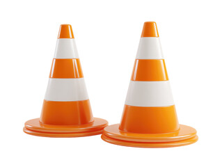 Two orange traffic cones with white stripes, positioned side-by-side on a plain background