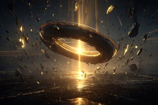 Glowing ring suspended over city, debris falling