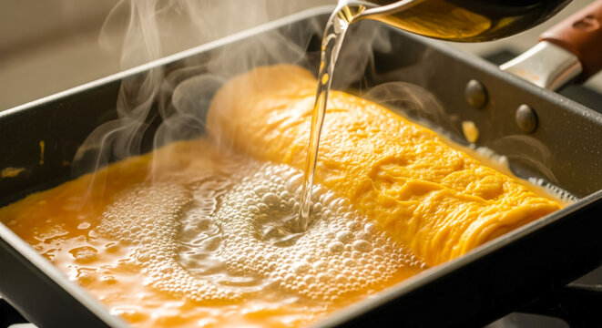 Close-up of dashi being poured into a steaming tamagoyaki omelette (Dashimaki-Tamgo style) in a rectangular pan during the cooking process.