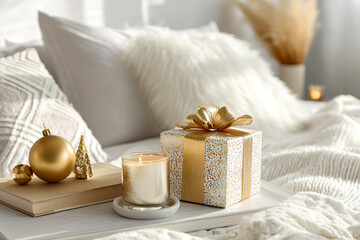Hygge Luxury Christmas Gift and Gold Decor on Cozy Bed Tray Fluffy White Pillows and Knit Blanket Festive Morning Lifestyle
