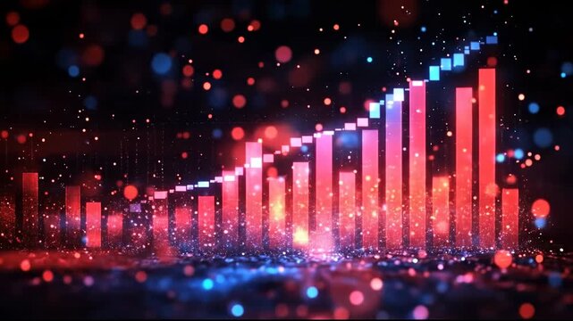 Gr&aacute;fico de velas financieras mostrando datos din&aacute;micos del mercado de valores sobre trazos de luz rojos y azules, concepto de econom&iacute;a global, inversi&oacute;n y an&aacute;lisis financiero digital, video festivo