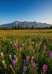 Fototapeta premium A vast, colorful meadow filled with blooming wildflowers stretches toward the distant, rugged mountain range under a clear blue summer sky ,alpine, bloom, sunlight