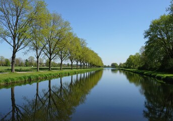 Obraz premium A tranquil canal reflects the clear blue sky, featuring a long, straight stretch of water bordered by lush green banks and trees ,transport ,channel ,environment