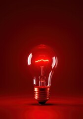 A vivid red incandescent lightbulb glows brightly against a seamless matching crimson red background, symbolizing energy, caution, and a new idea ,creativity ,isolated ,illumination
