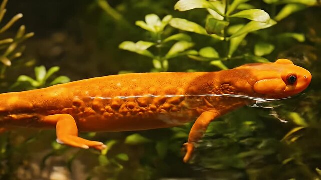 Vibrant orange newt gracefully swims through lush green underwater aquatic plants, showcasing intricate skin texture and delicate limbs in a serene natural habitat.