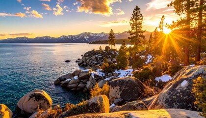 A scenic vista shows a lake with crystal-clear waters, mountains, and sun-kissed trees during sunset. Sunlight flares across the frame
