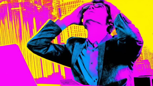 Frustrated worker with vibrant city backdrop expressing anxiety and work overload in a digitally enhanced design showing the intensity of deadlines