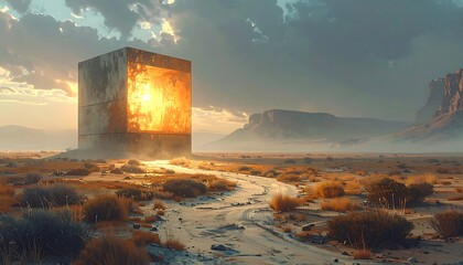 A colossal, glowing cube dominates a desolate desert landscape under a stormy, golden sky. A dirt path leads to the mysterious structure