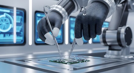Robotic arm with gloved hands precisely assembling a microchip in a futuristic high-tech laboratory setting with blue screens.