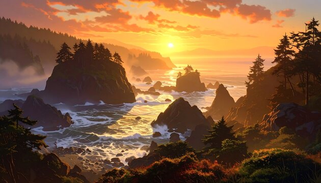 A coastal landscape at sunset, featuring rocky islands and cliffs with trees, bathed in golden light. The ocean reflects the setting sun