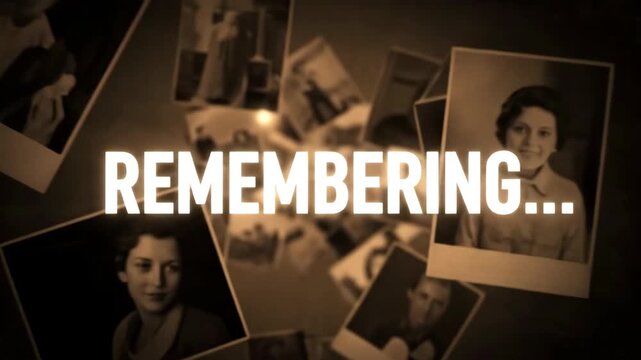 Glowing 'Remembering' title card over a floating collage of vintage sepia photographs with soft focus