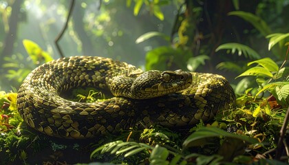 A coiled, camouflaged snake rests amidst lush green vegetation in a sun-dappled jungle setting. Its gaze is focused