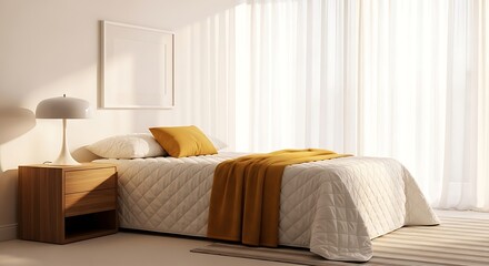 Fototapeta premium Bright and inviting bedroom with a comfortable bed, nightstand, and lamp, bathed in natural light