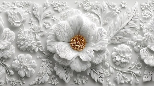 Elegant white floral relief wall art high resolution picture