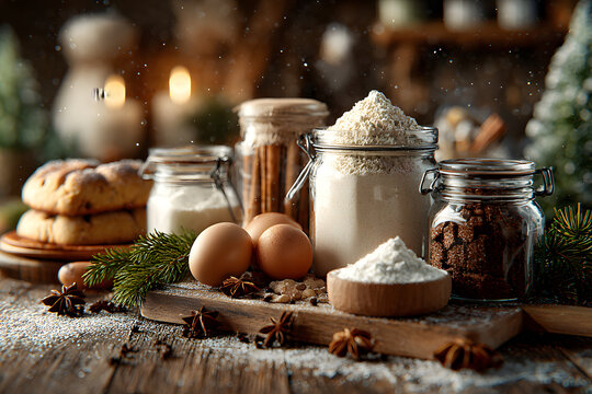 Bakery background with ingredients for cooking christmas baking decorated with fir tree. Flour, brown sugar, eggs and spices on kitchen table top view.