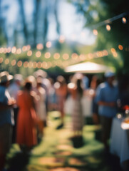 Fototapeta premium Sunny garden party background with blurred people and string lights, perfect for event invitation design or lifestyle photography mockup
