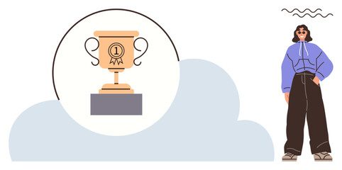 Golden trophy on a pedestal within a cloud-thumbs up shape, symbolizing success and recognition. A confident woman stands beside in stylish attire. Ideal for success, achievement, motivation, goal