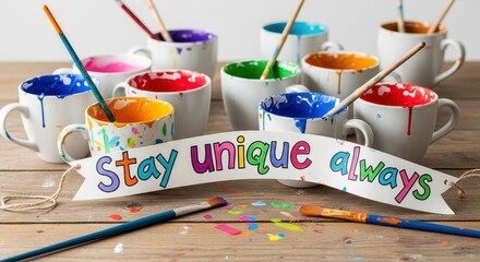 Colorful Paint Mugs and Brushes with a Positive Unique Message