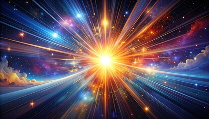 A dazzling celestial burst of light explodes outward. Vibrant beams radiate from the center, amidst a cosmic background