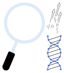 Magnifying glass analyzing DNA strand with directional arrows illustrating growth, discovery, and advancement. Ideal for research, science, technology, genetics, progress, biology simple flat