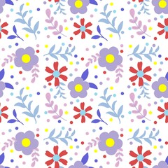 Cheerful Floral Bloom Vector – Colorful Seamless Flower Pattern on White Background for Modern Textile and Wallpaper Design