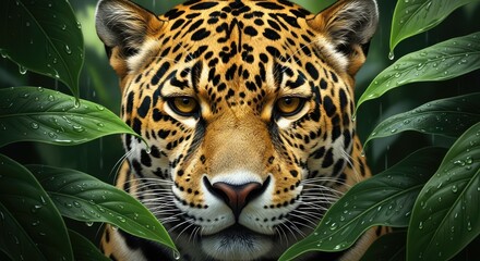 Fototapeta premium A closeup portrait of a jaguars face peeking through lush green foliage in a rainforest amazon