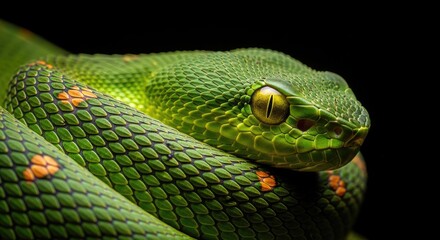 Obraz premium Closeup of a vibrant green pit viper with orange spots and yellow eyes against a dark background amazon