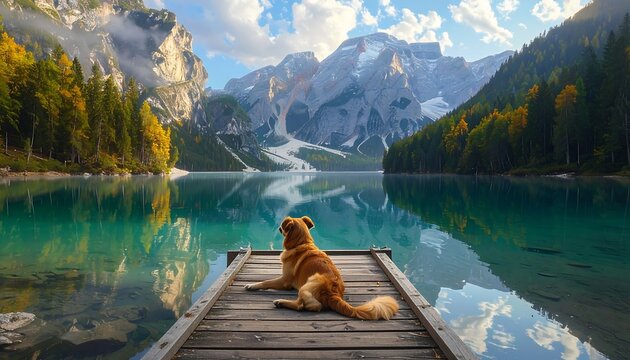 A golden-brown dog rests on a wooden dock overlooking a serene lake and mountain range under a cloudy blue sky