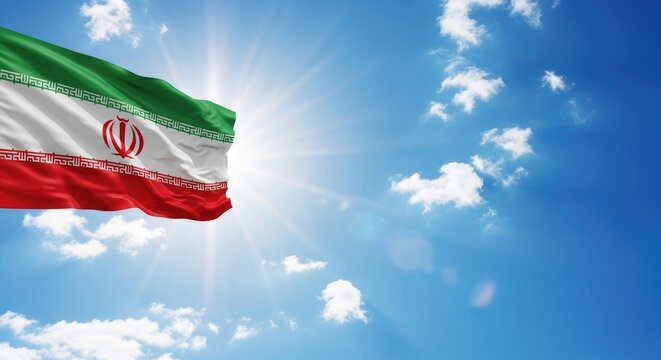 Iranian flag waving in the bright blue sky with sun and clouds amazon