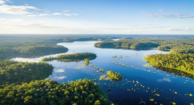 Aerial view of a winding river flowing through a lush green rainforest under a clear blue sky amazon