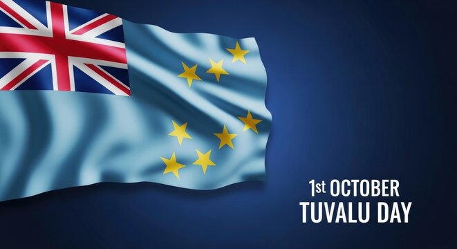 Tuvalu flag waving on tuvalu day, october 1st, with a dark blue background amazon