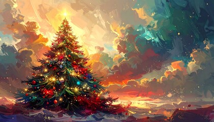 Fototapeta premium A festive Christmas tree, adorned with ornaments and lights, glows warmly against a vibrant, painterly sky filled with clouds