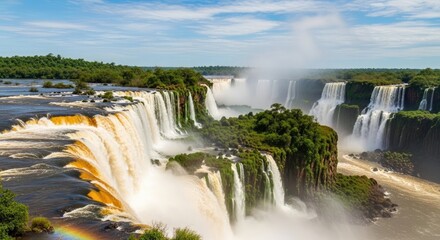 Obraz premium Majestic iguazu falls cascade with lush green jungle and a rainbow in the mist amazon