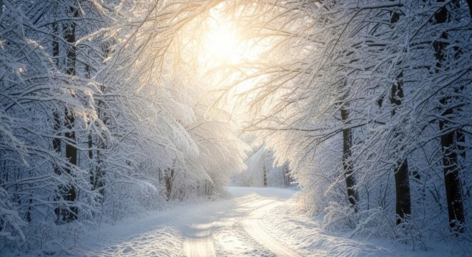 Sunlight streams through snowcovered trees onto a forest path in winter amazon