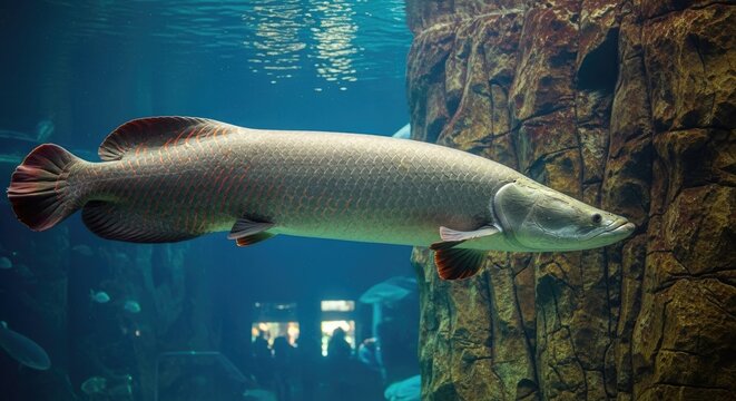 Large predatory fish swimming in an aquarium with rocky background amazon