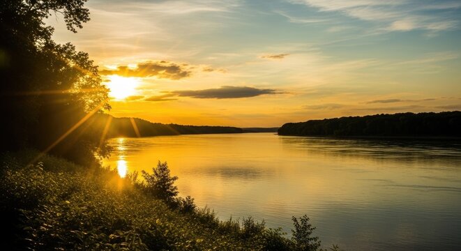 Golden sunset over a wide, calm river surrounded by lush green trees and foliage amazon