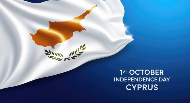 Waving flag of cyprus with olive branches on a blue background, celebrating independence day