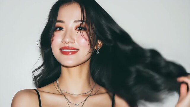 女性が黒キャミで髪を弾ませ笑う