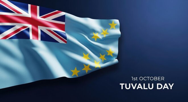 The flag of tuvalu waving against a dark blue background with tuvalu day text