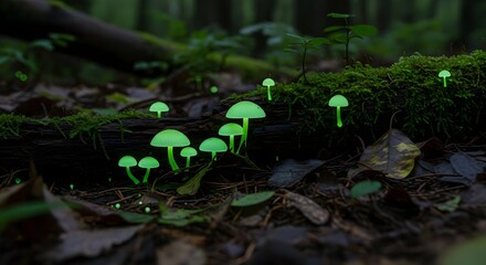 Bioluminescent green mushrooms glowing in a dark, mystical forest on a moss-covered log.