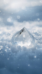 研ぎ澄まされた氷の稜線が光を拾い雪面の反射が静かに広がる構成で清冽さと祝祭感を同時に伝える縦型の季節背景. 生成AI