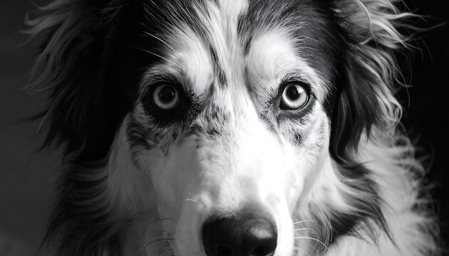 A grayscale close-up of a canine, showcasing striking eyes and patterned fur. The dog's gaze is directly at the viewer