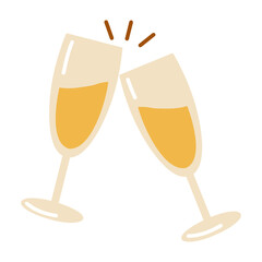 Flat style clinking champagne glasses. Festive icon. Hand drawn vector isolated illustration. 